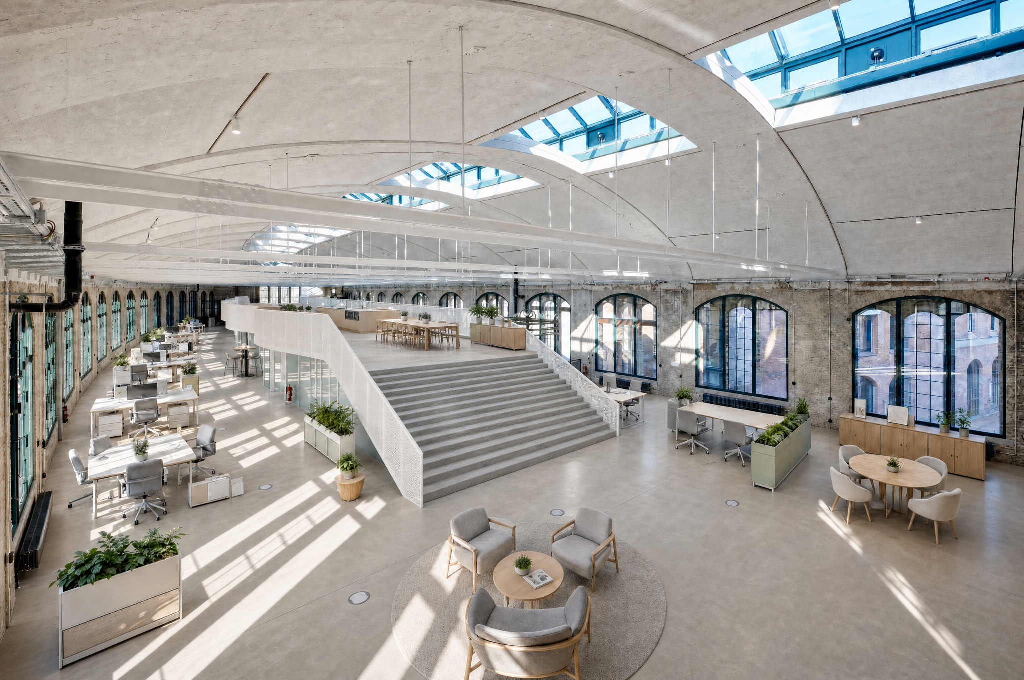 Großzügiger, lichtdurchfluteter Arbeitsbereich im Postbahnhof Berlin mit offenen Arbeitsplätzen, Sitzbereichen, zentraler Treppe und historischen Rundbogenfenstern.