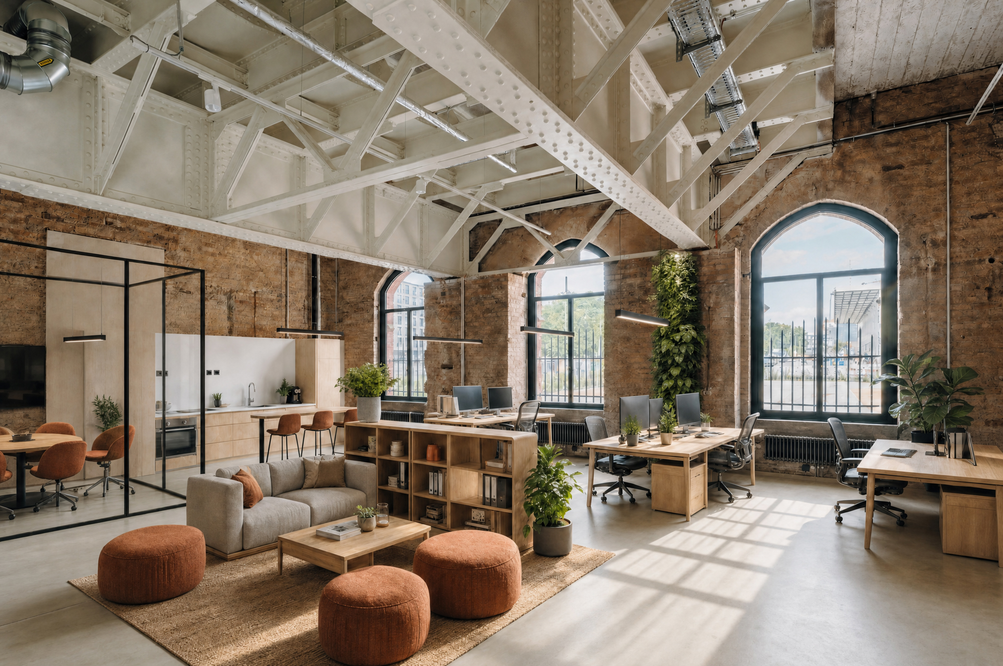 Modern office space at Postbahnhof Berlin with open workstations, a lounge area, historic brick walls and exposed steel structures.