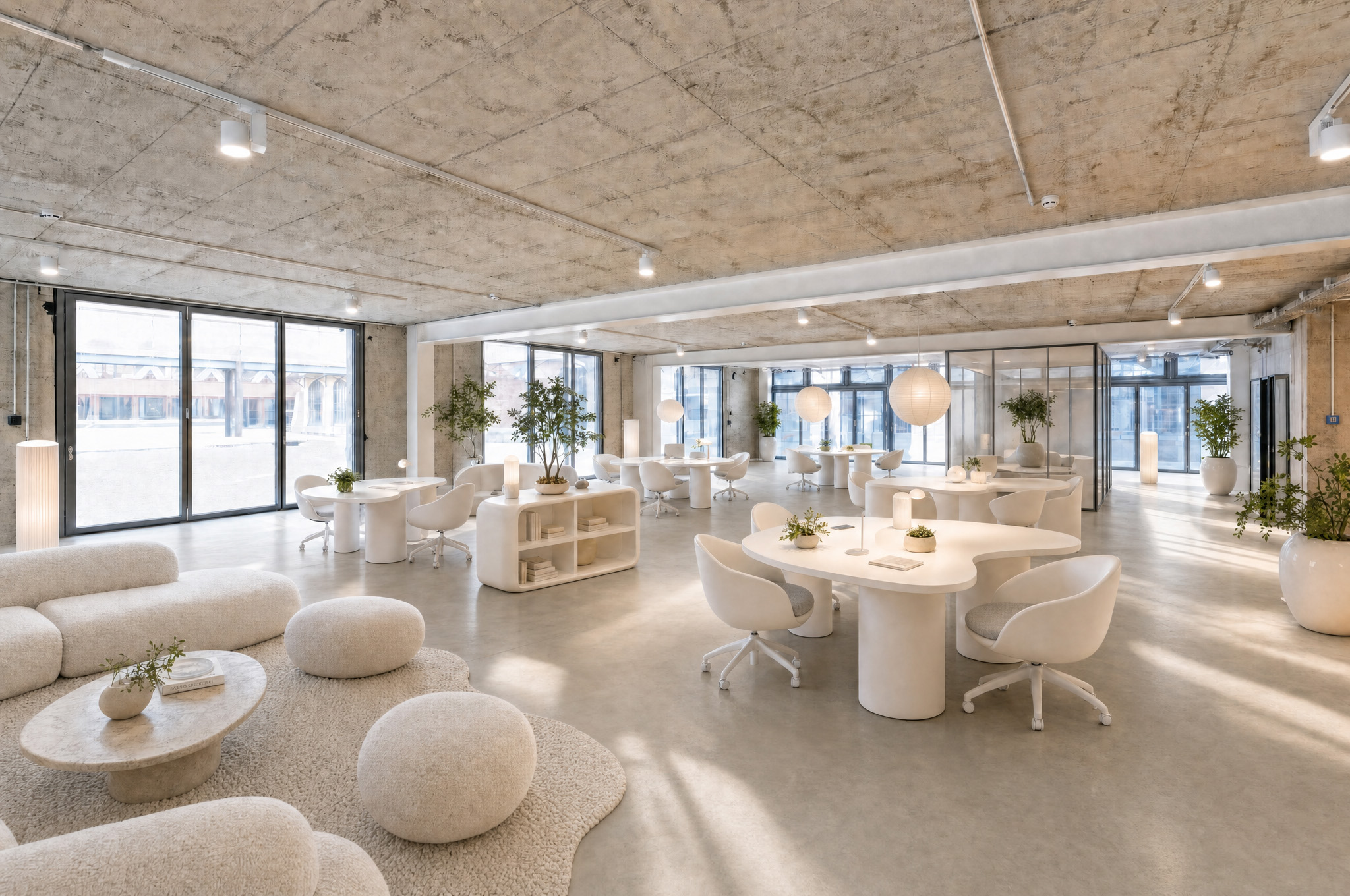 Bright lounge and workspace at Postbahnhof Berlin with modern light-coloured furnishings, round tables, seating areas and large windows.