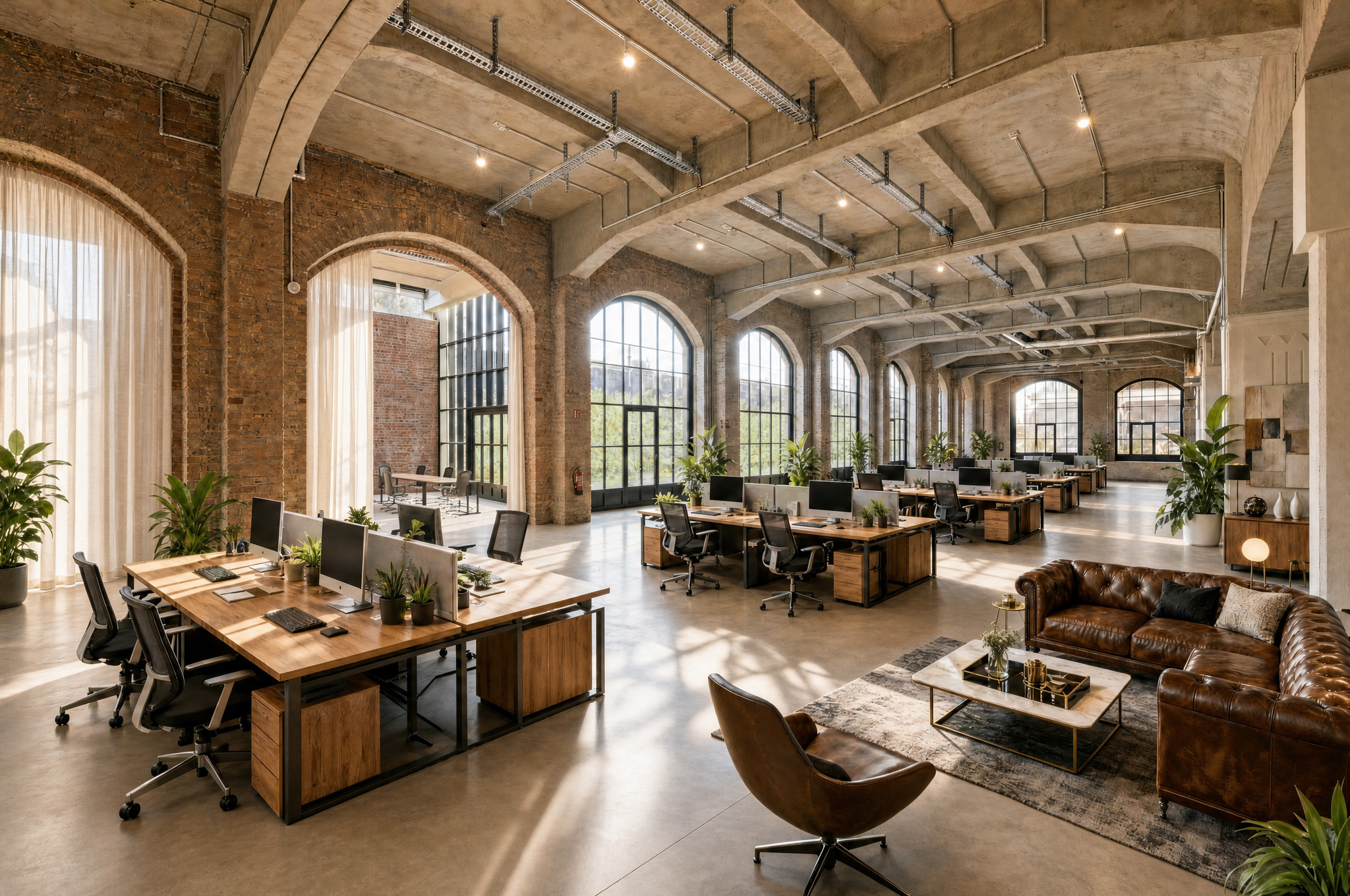 Spacious office space at Postbahnhof Berlin with open workstations, historic arched windows, brick walls and a comfortable lounge area.