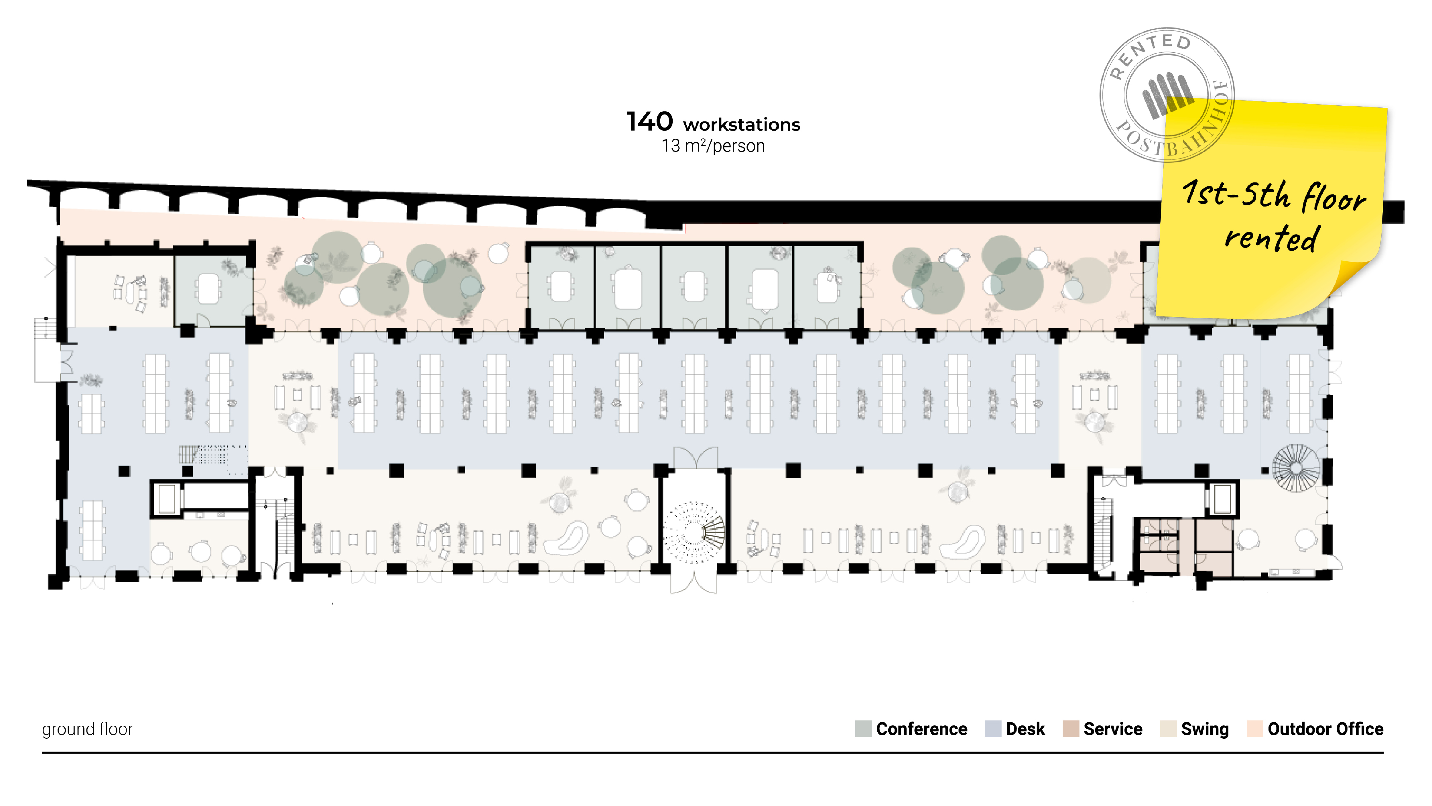 Floor plan of the office space on the ground floor of the Abgangspackkammer chamber at Postbahnhof