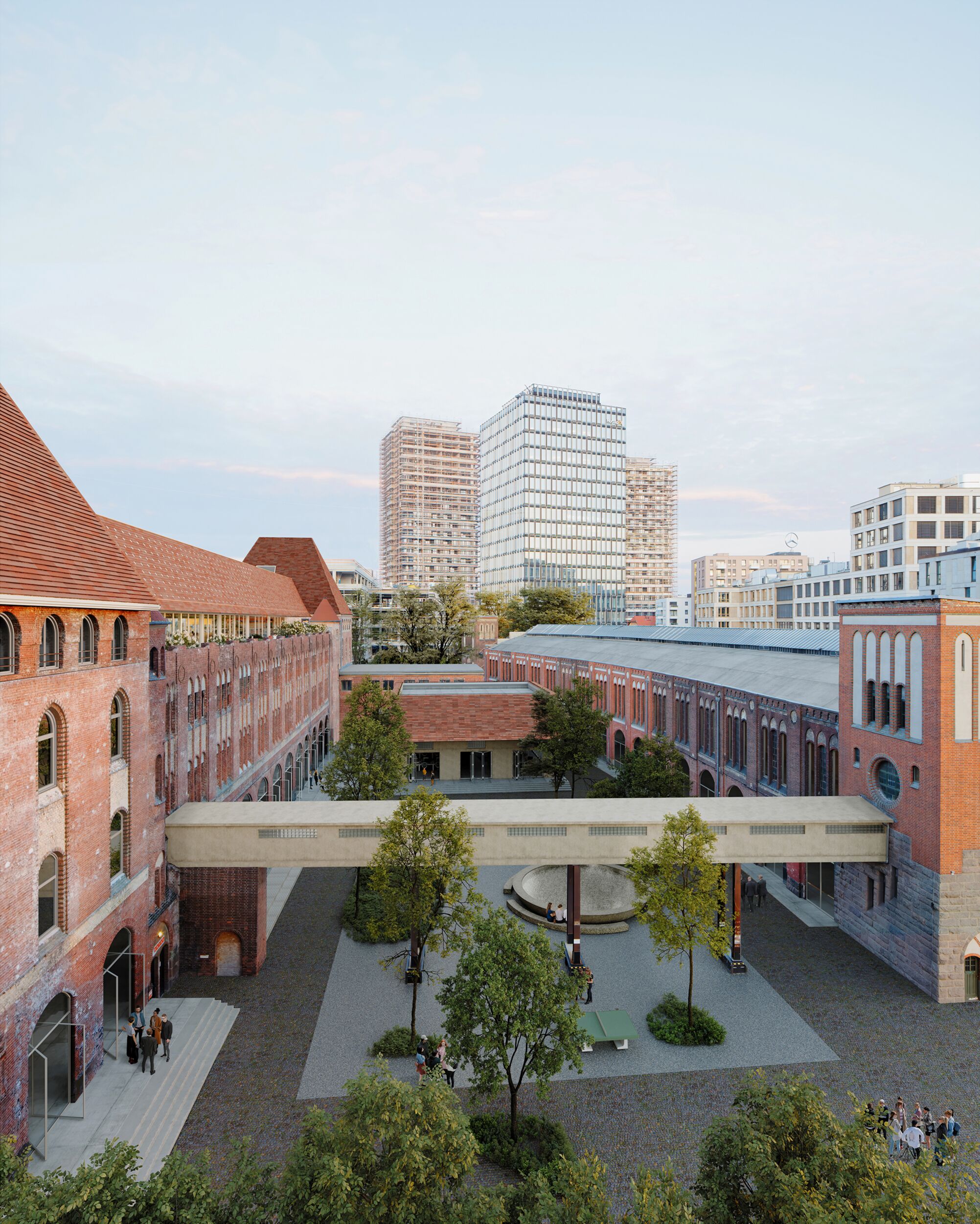 Büro-Areal mit besonderer Architektur und begrüntem Innenhof in urbanem Raum.