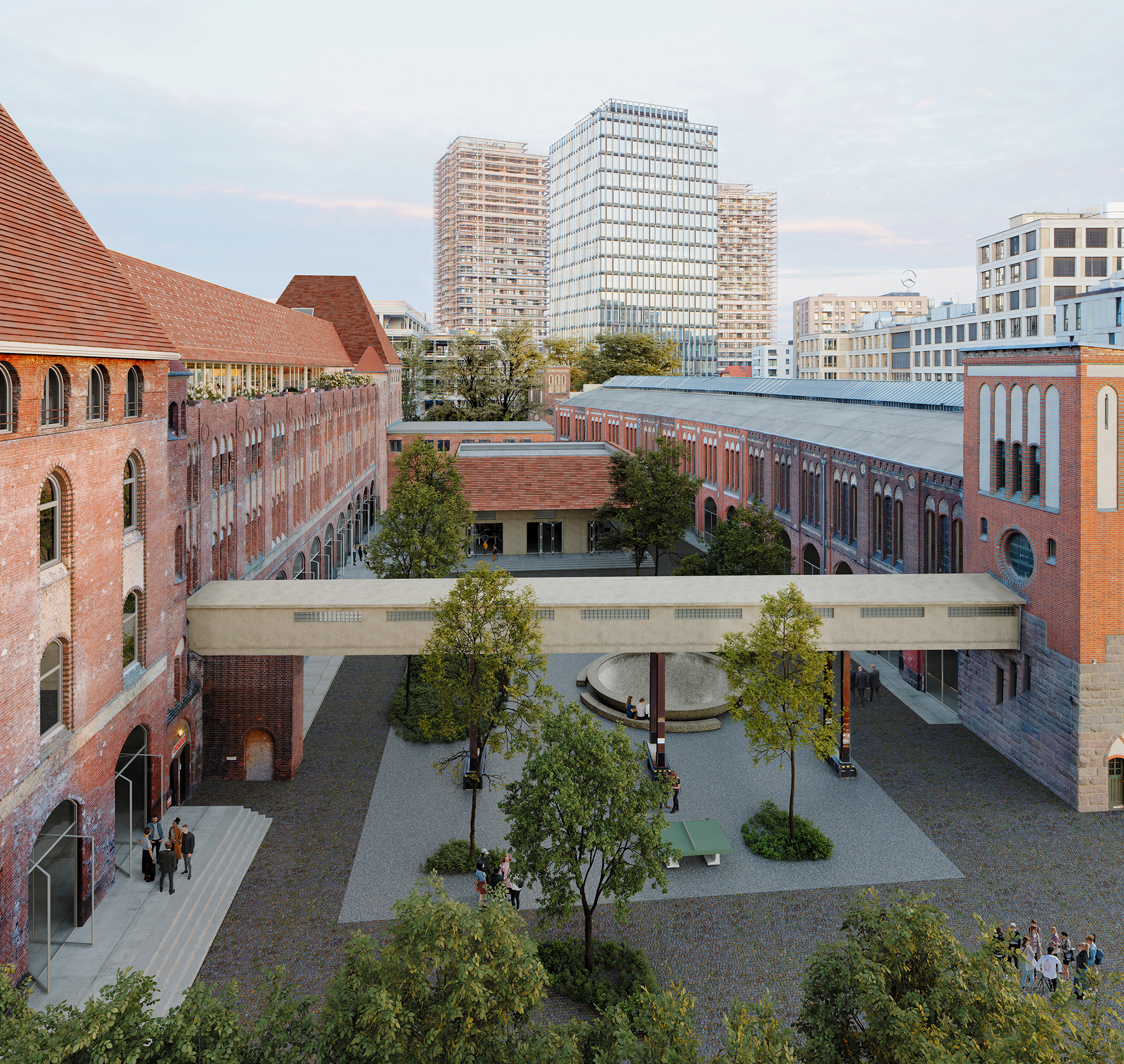 Büro-Areal mit besonderer Architektur und begrüntem Innenhof in urbanem Raum.