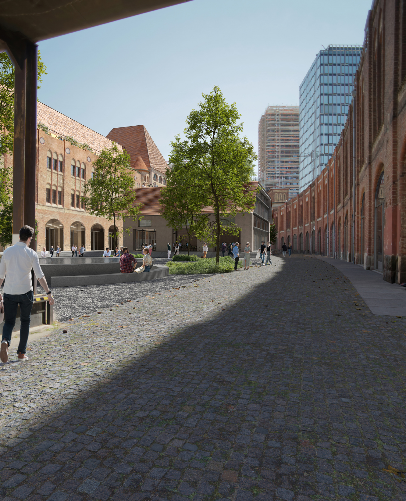 Urbaner Raum mit Bäumen, Outdoor Office und Blick auf moderne Bürogebäude.