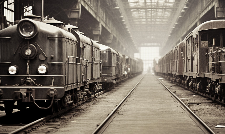 Historische Eisenbahnwagen in einem alten Bahnhof.