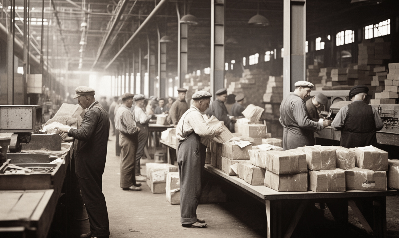 Historische Fabrikarbeit mit Arbeitern, die Pakete auf einem Tisch sortieren.